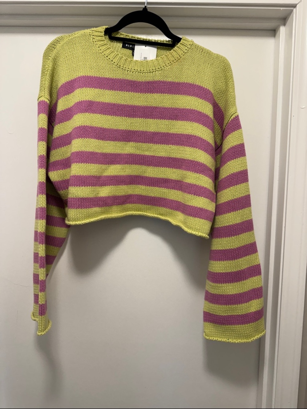 NWT. Blue blush Striped Crop Sweater in Lime Green and Pink.